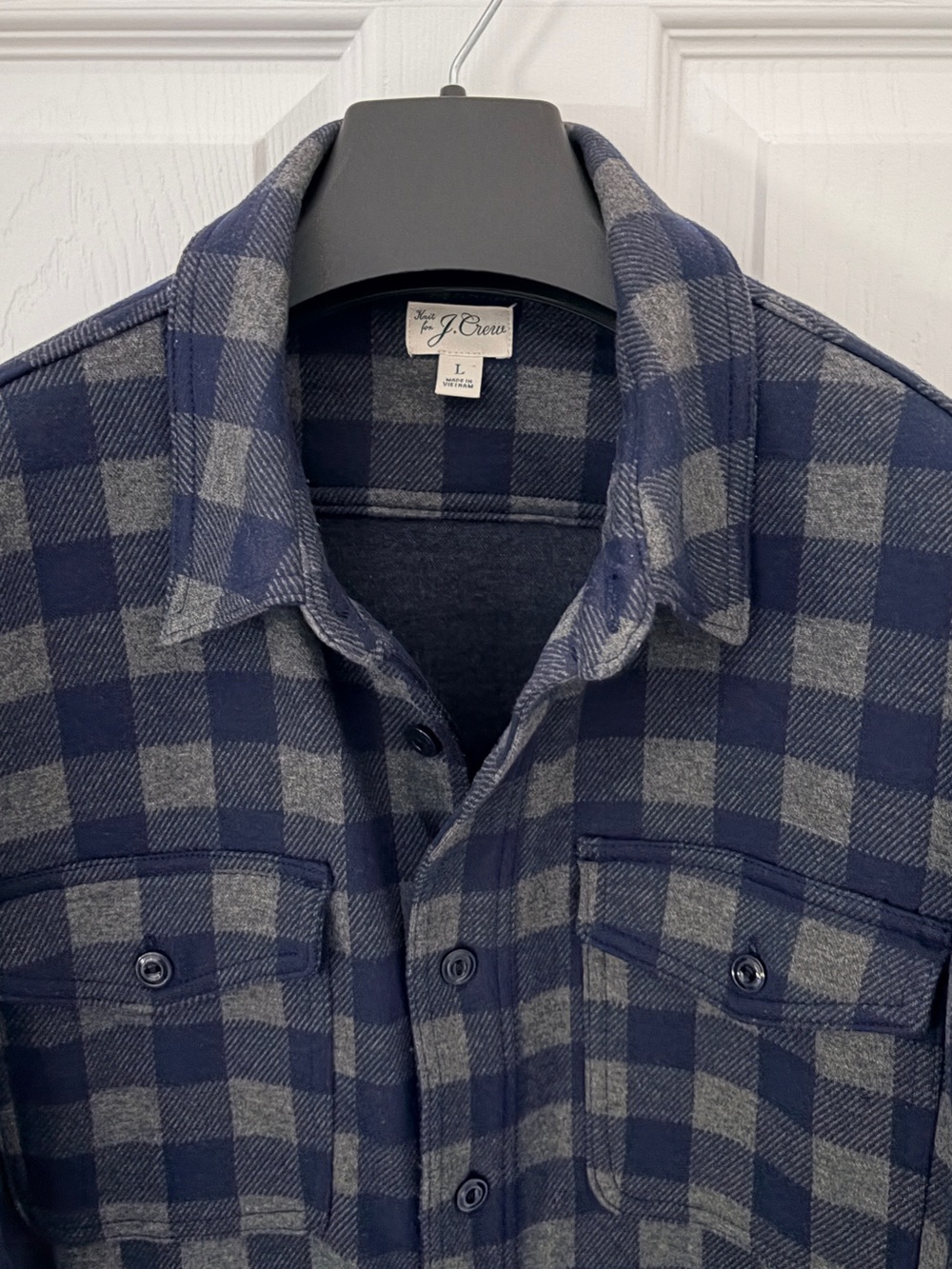 J Crew Classic Fit Seabord Knit Blue and Grey Buffalo Check Flannel - Large